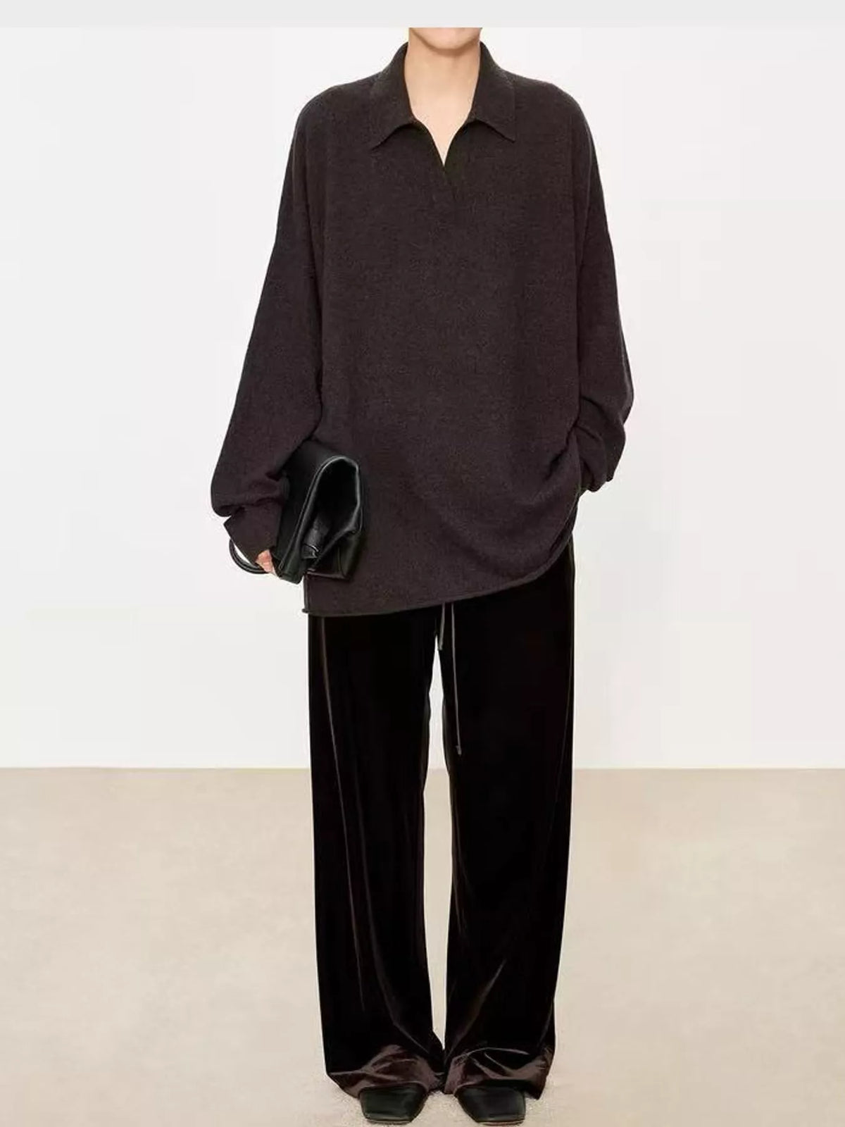 Brown dropped shoulder polo collar sweater