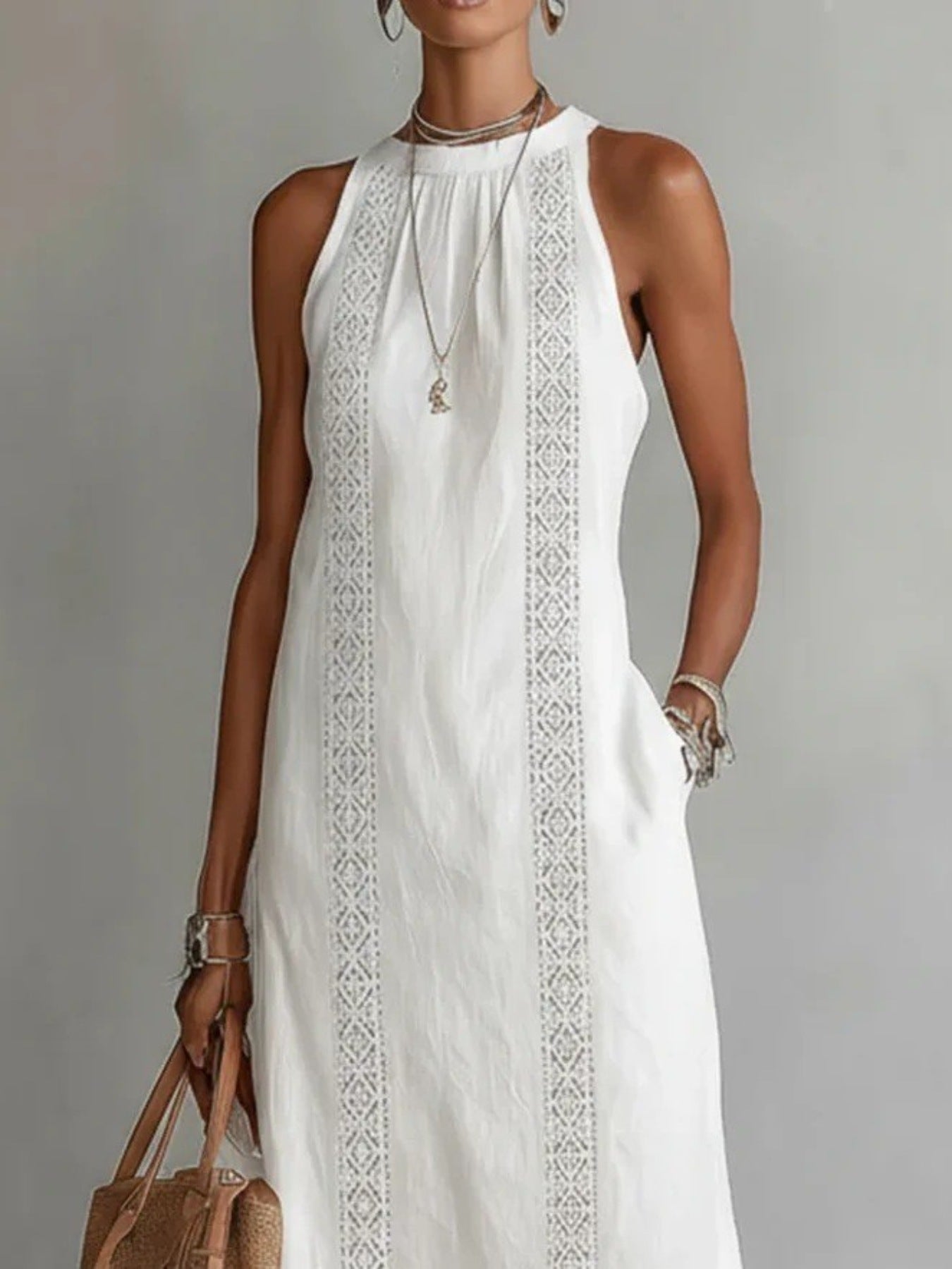 Trendsi Side Slit Sleeveless Hollow-Out Trimmed Midi Dress -