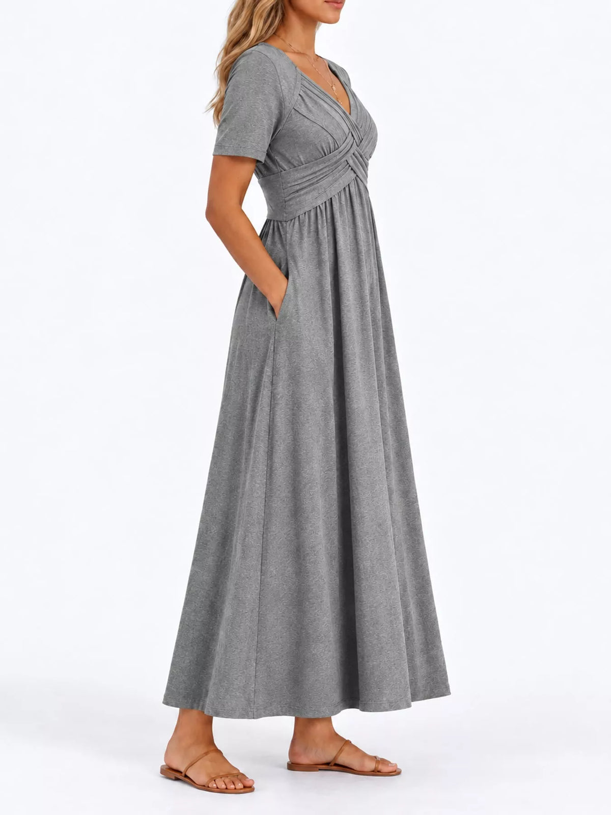 Gray crisscross short sleeve midi dress, side view