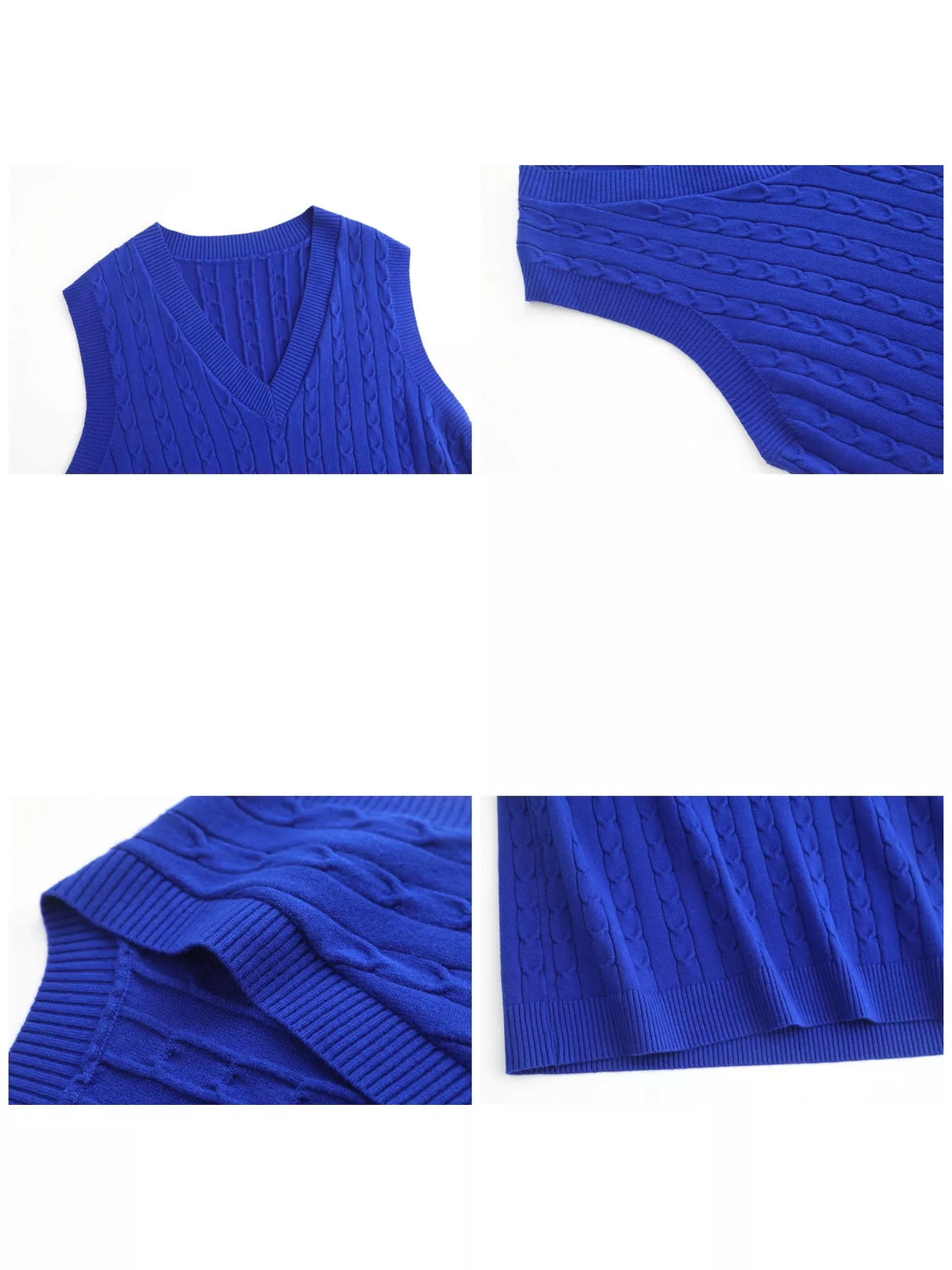 Cable-knit sweater vest, blue detail collage