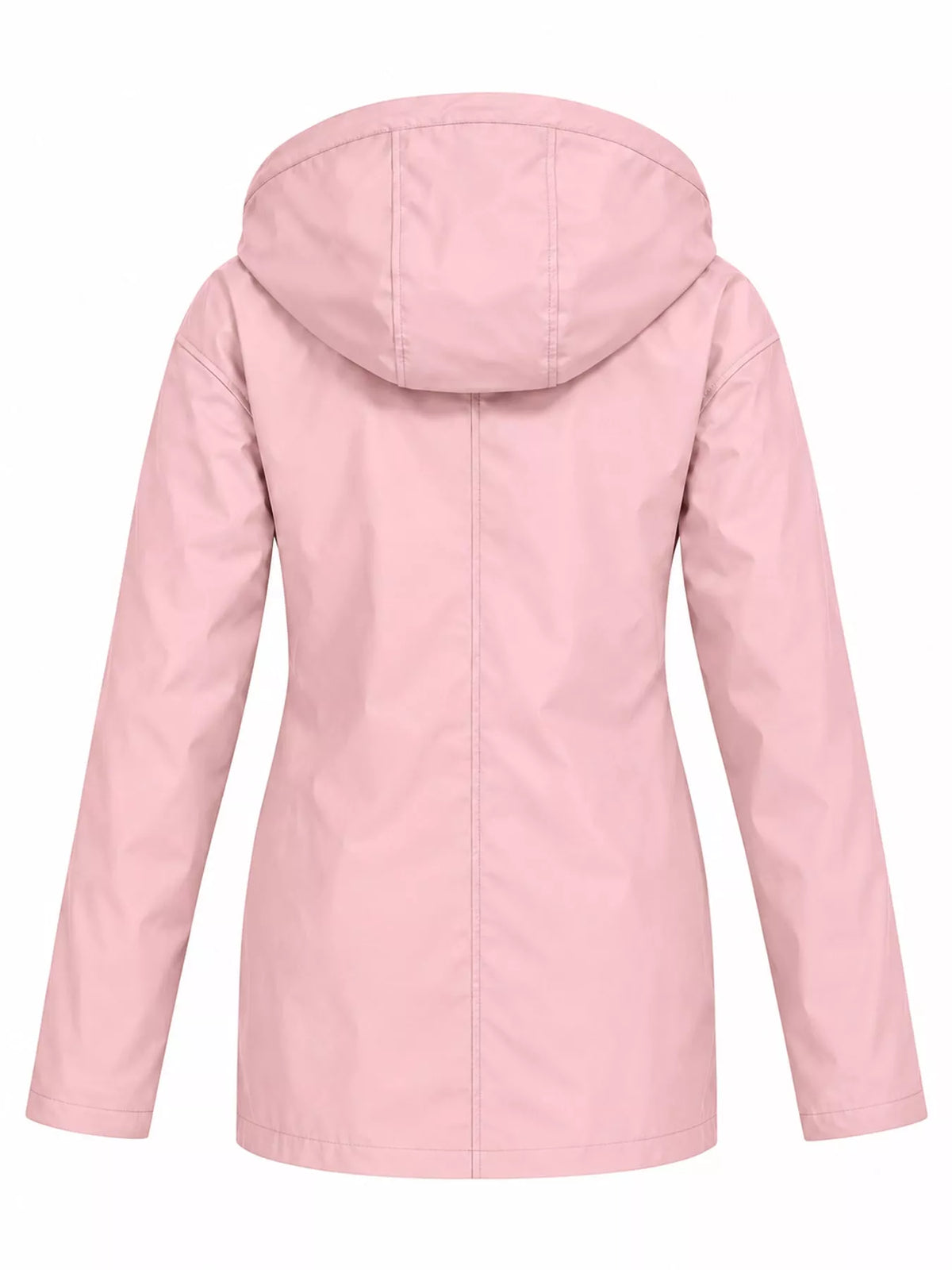 Pink. drawstring hooded jacket, back view