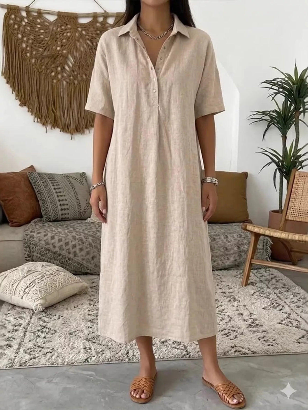 Khaki Color Button-Front Short Sleeve Midi Shirt Dress front view