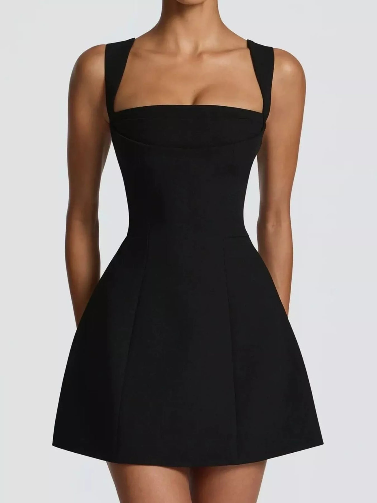Black square-neck sleeveless mini dress