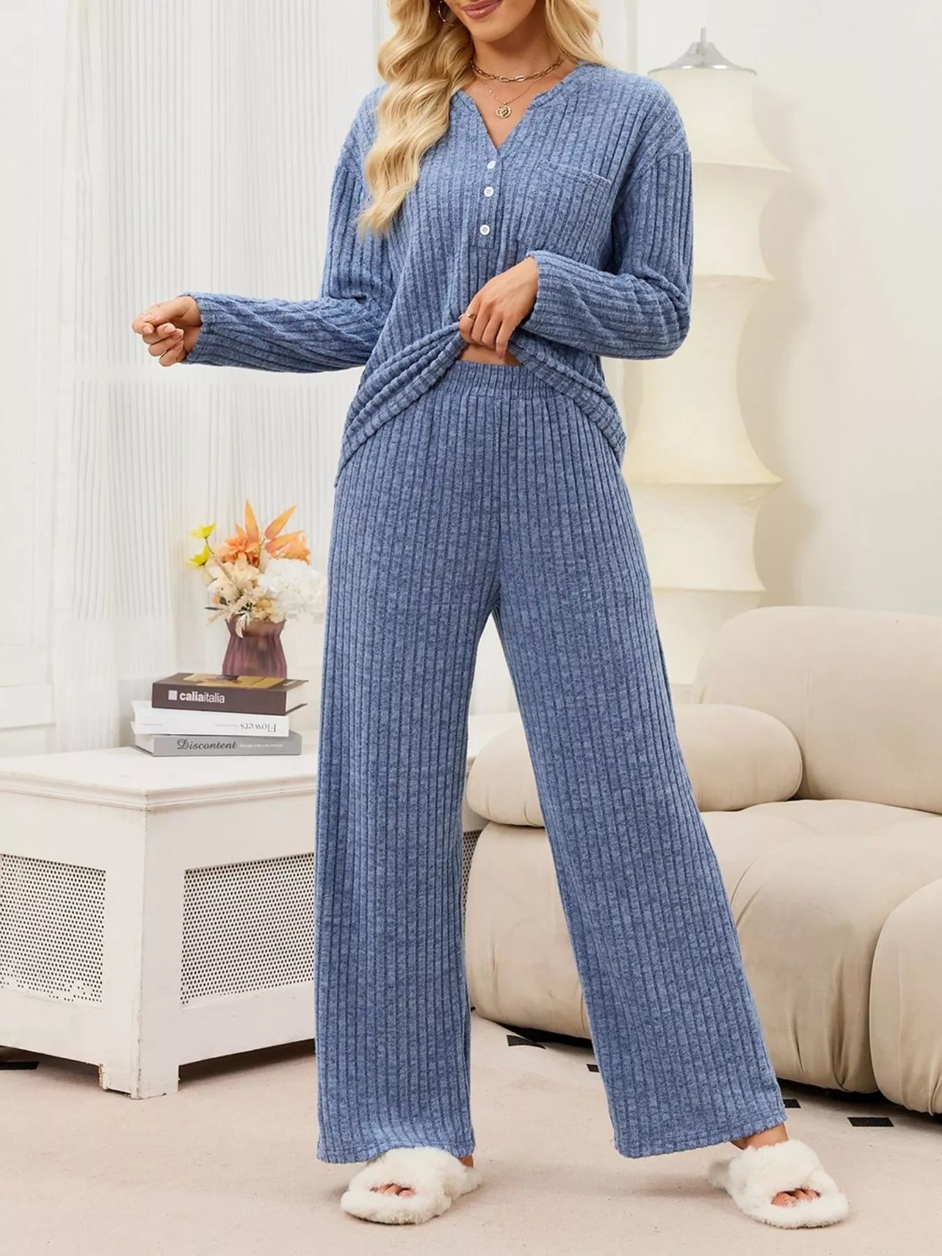 Trendsi Ribbed Knit Top and Wide-Leg Pants Set -