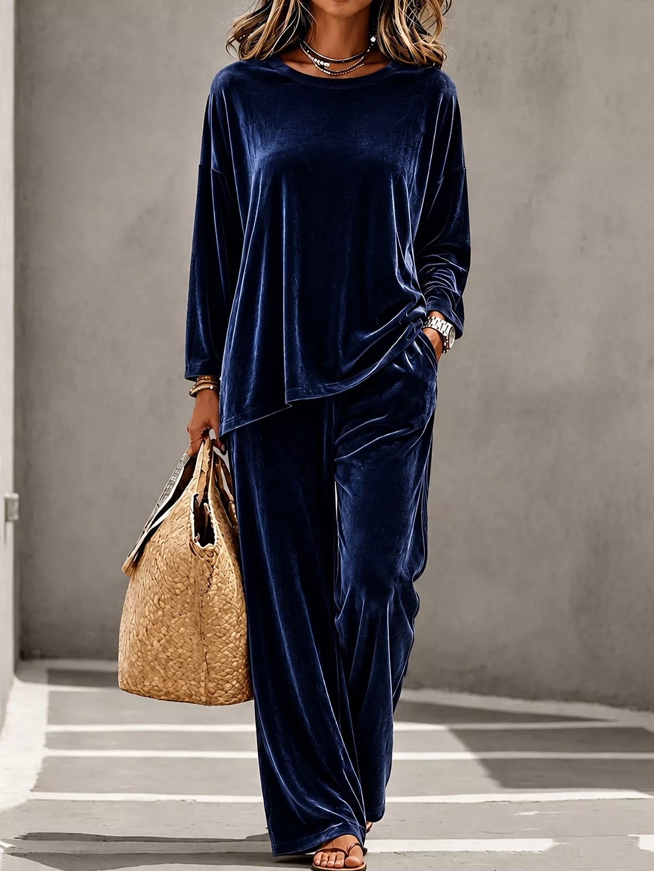 Trendsi Full Size Velvet Long Sleeve Top and Pants Set Plus Size -