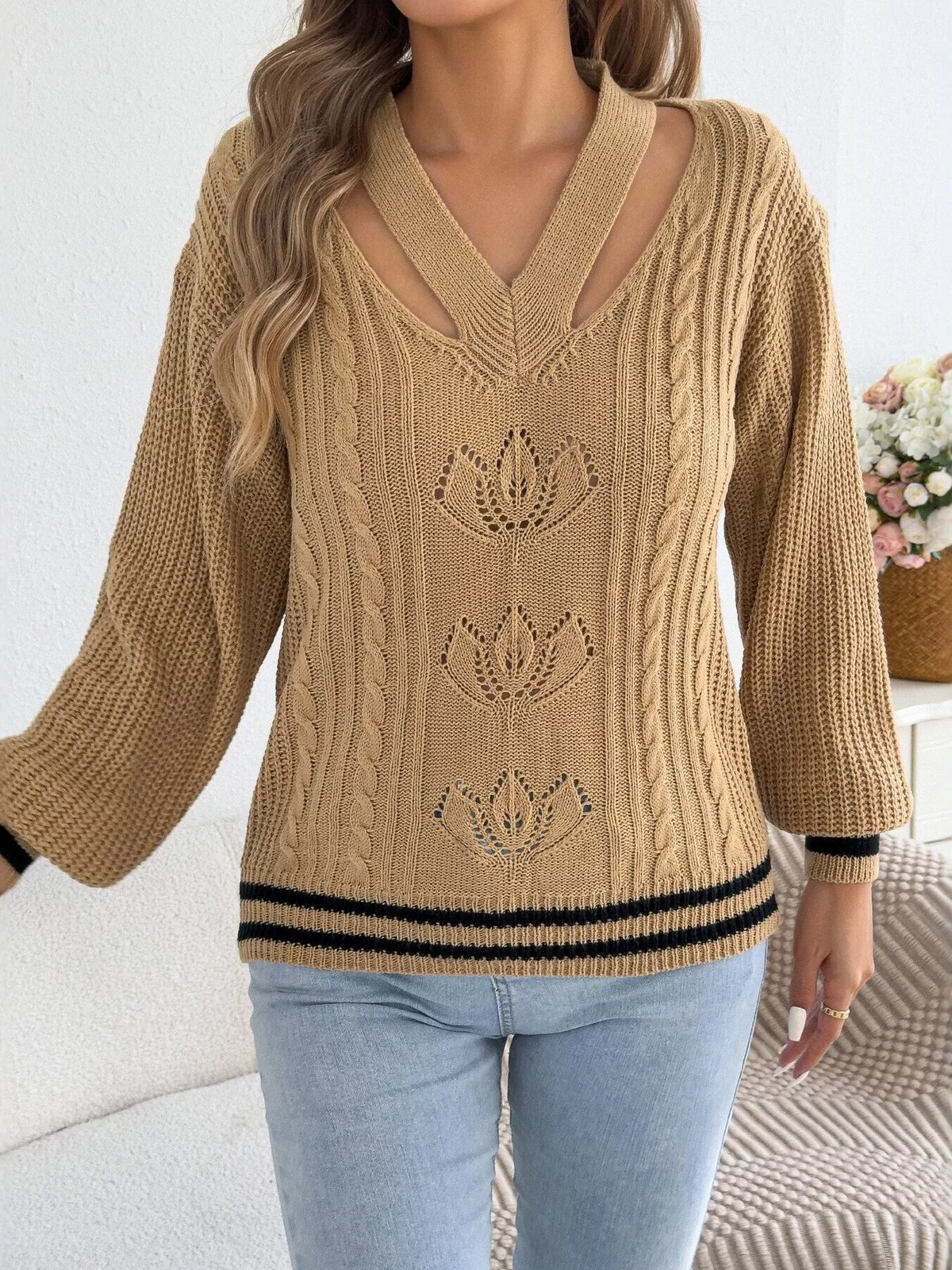 Cutout Cable Knit Sweater in camel, front view