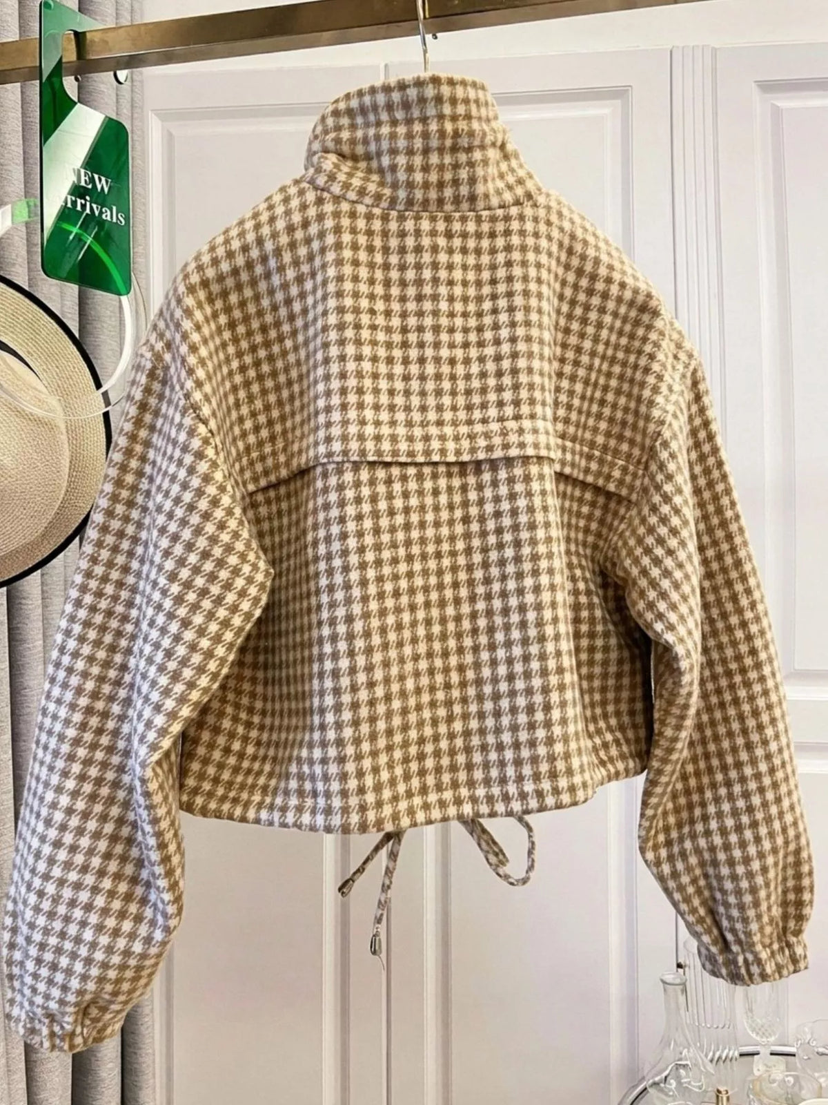 Apricot plaid cropped zip-up jacket, back view