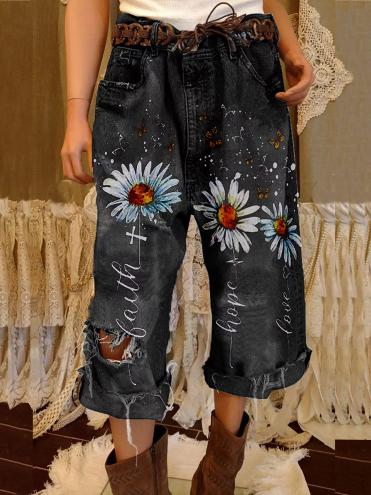 Trendsi Full Size Floral Distressed Cropped Jeans Plus Size -