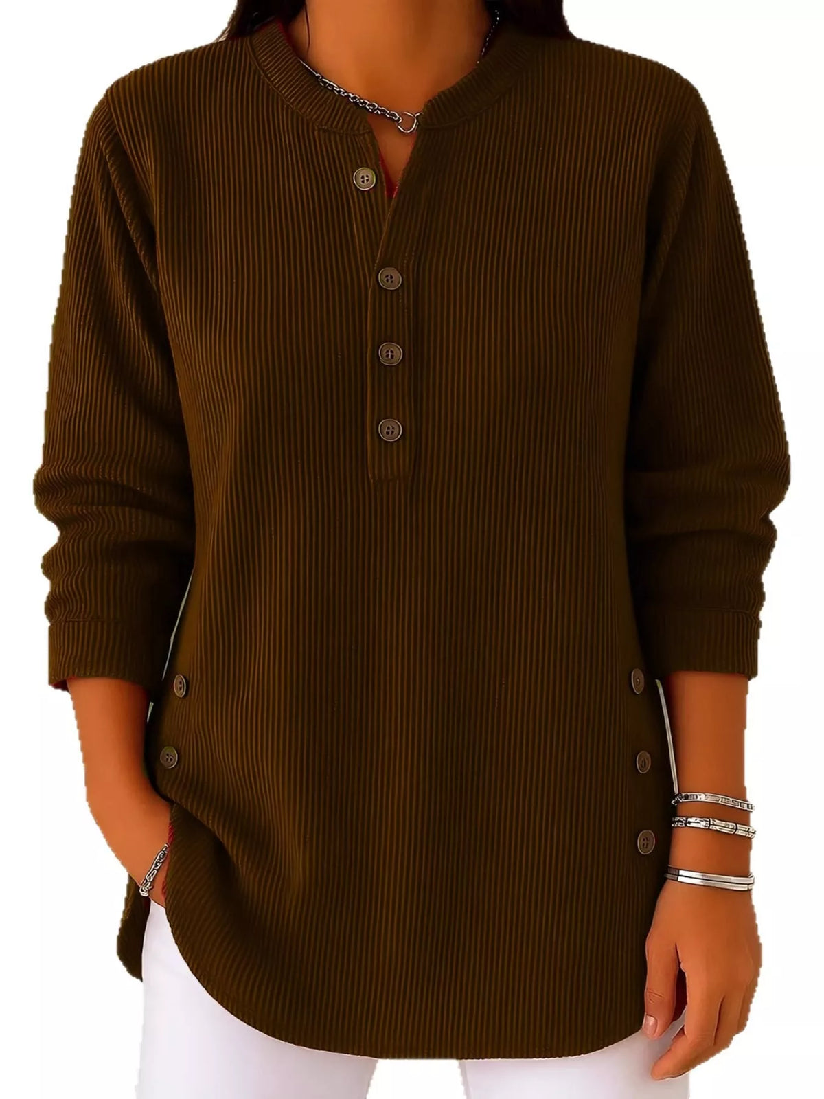 Brown button detail long sleeve top, front view