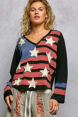 Trendsi POL Double Gauze American Flag Patch V-Neck Long Sleeve T-Shirt -