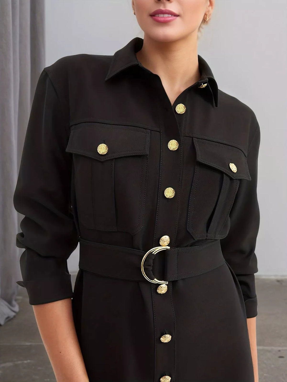 Button Front Midi Dress in black, construction detail