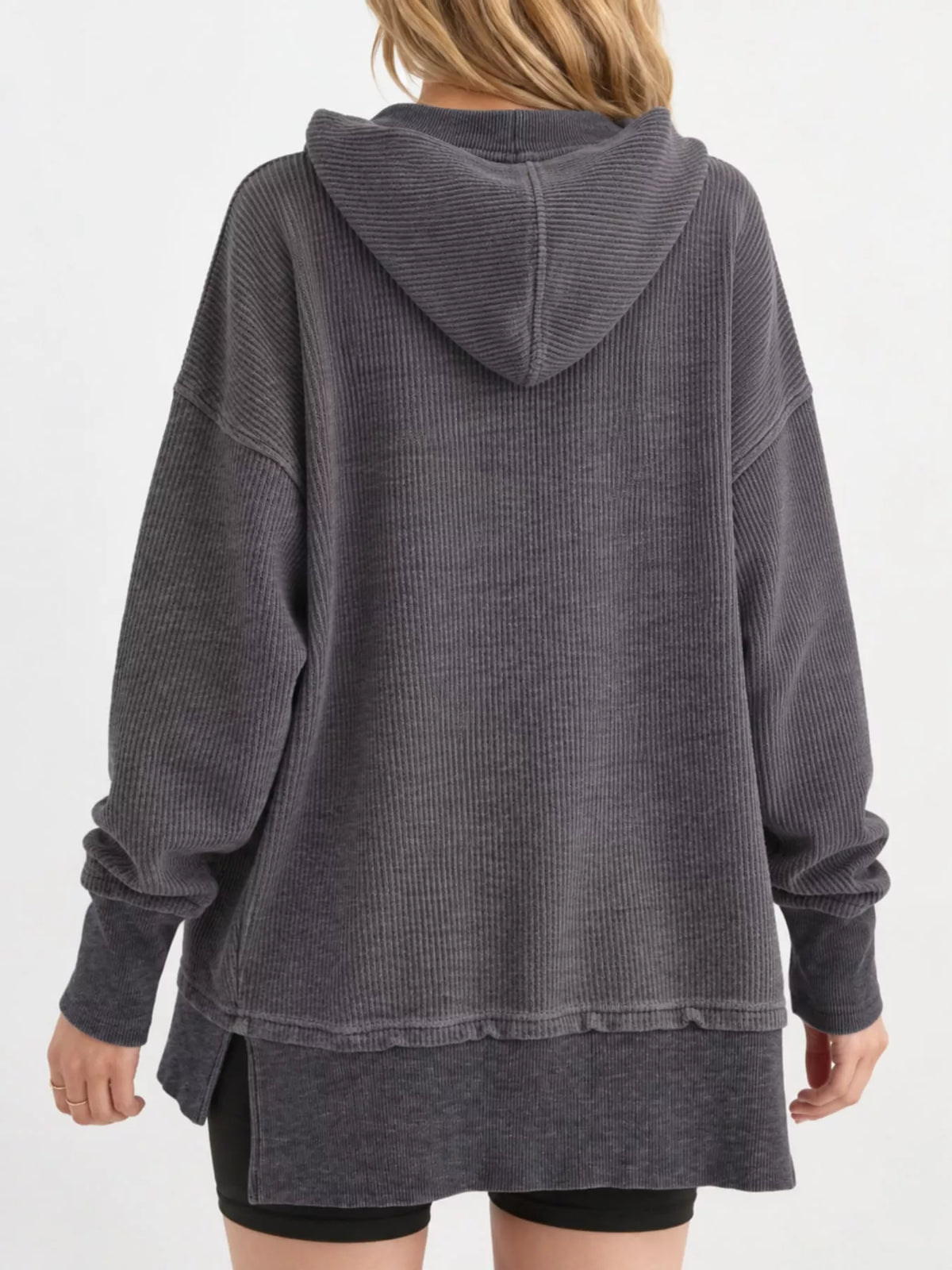 Women's Snap Button Placket Dropped Shoulder Hoodie in gray — back view