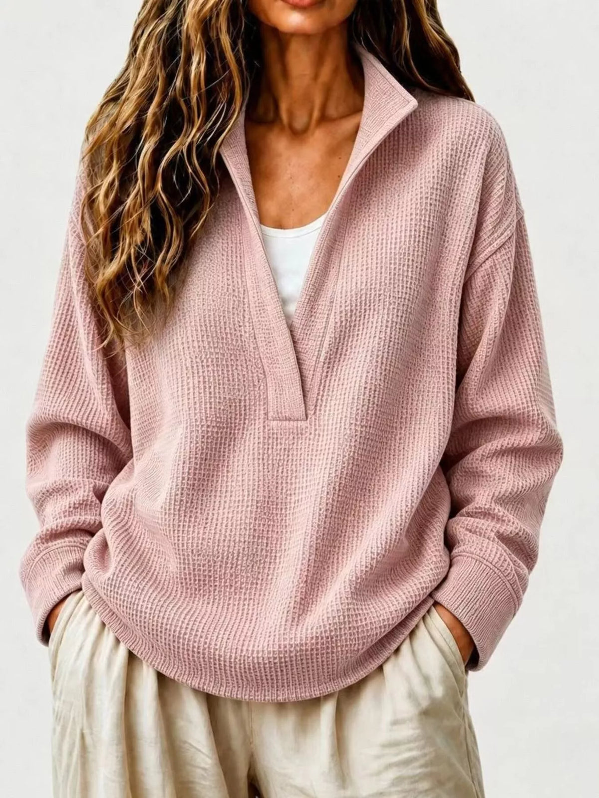 Dusty Pink Waffle Knit Dropped Shoulder Sweatshirt front view