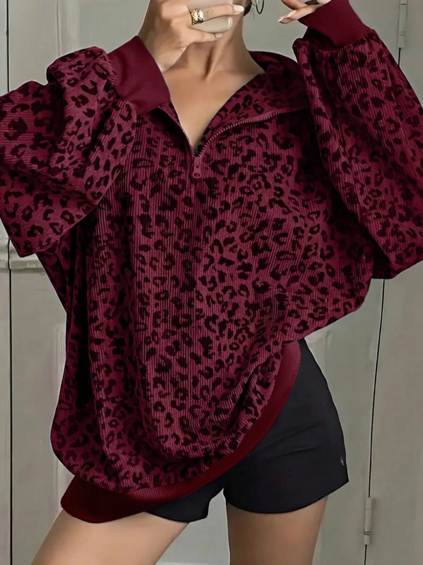Trendsi Leopard Print Quarter-Zip Sweatshirt -