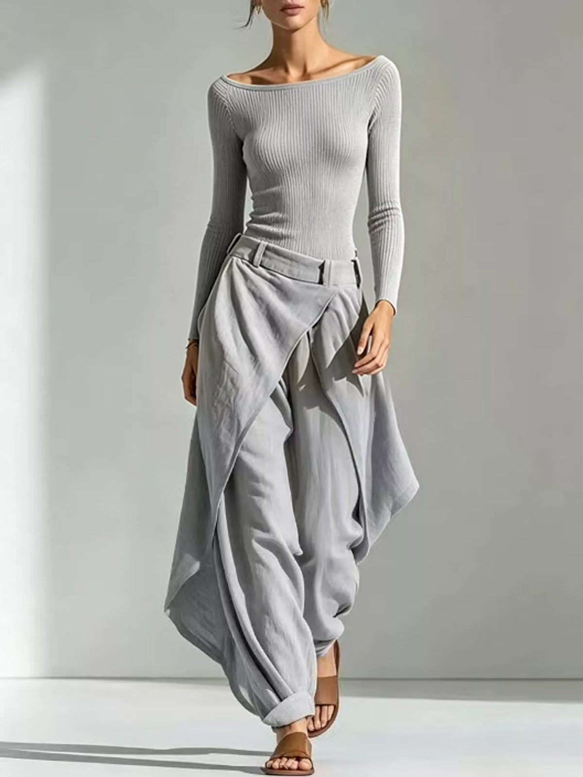 Gray boat neck long sleeve top and wrap pants set — front view