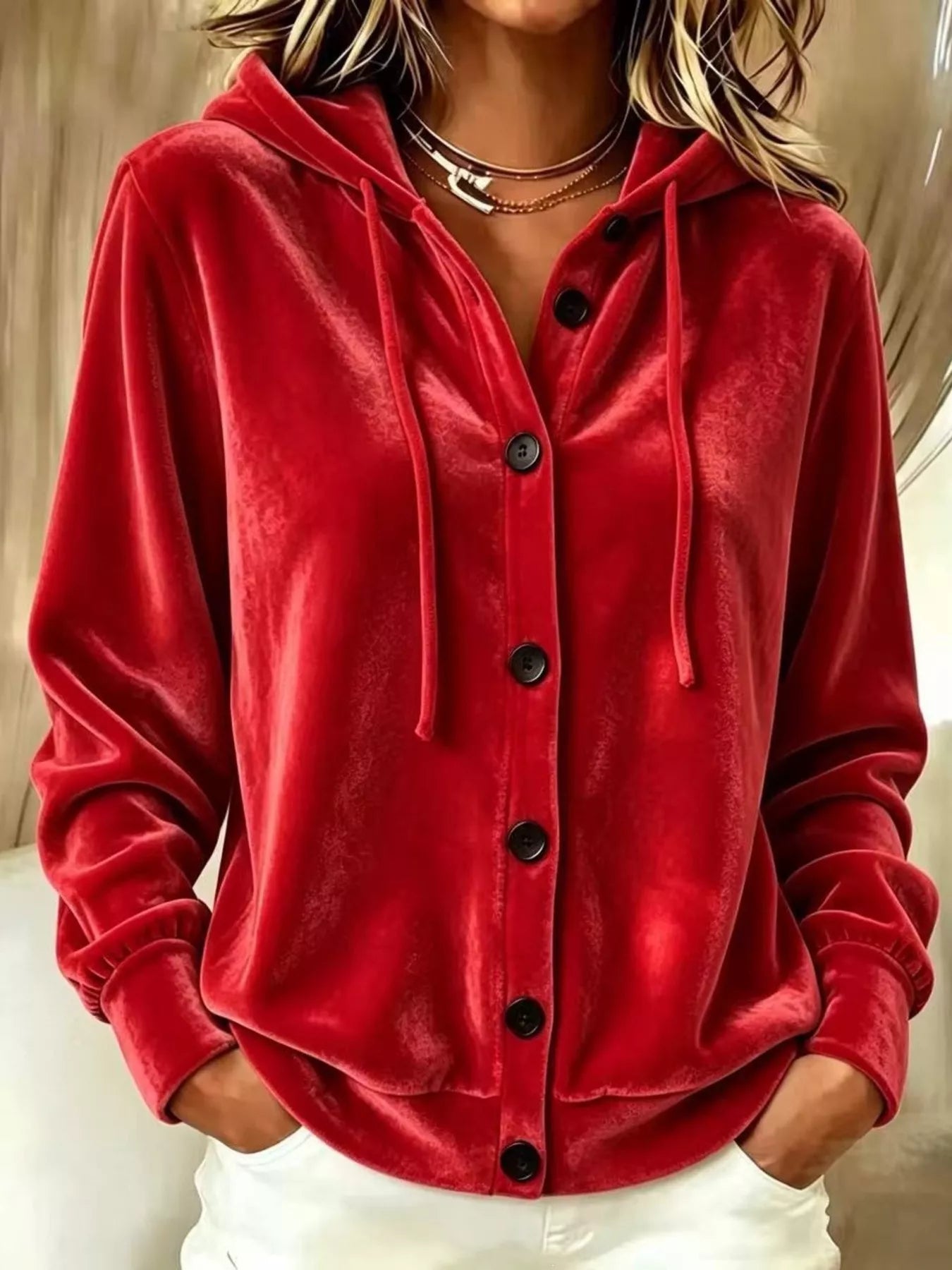 Trendsi Full Size Velvet Button-Down Hooded Outerwear Plus Size -