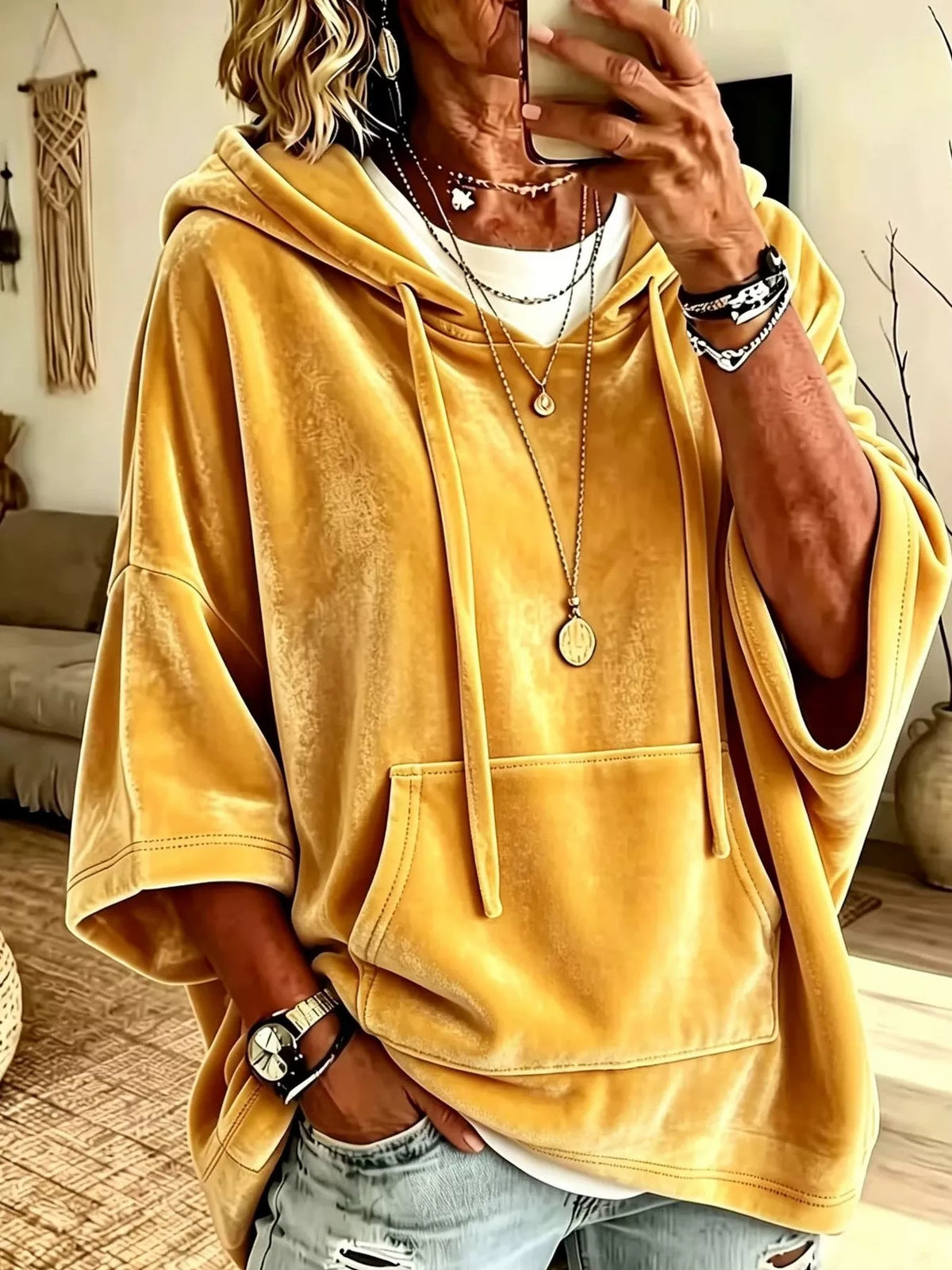 Yellow velvet kangaroo pocket drawstring hoodie