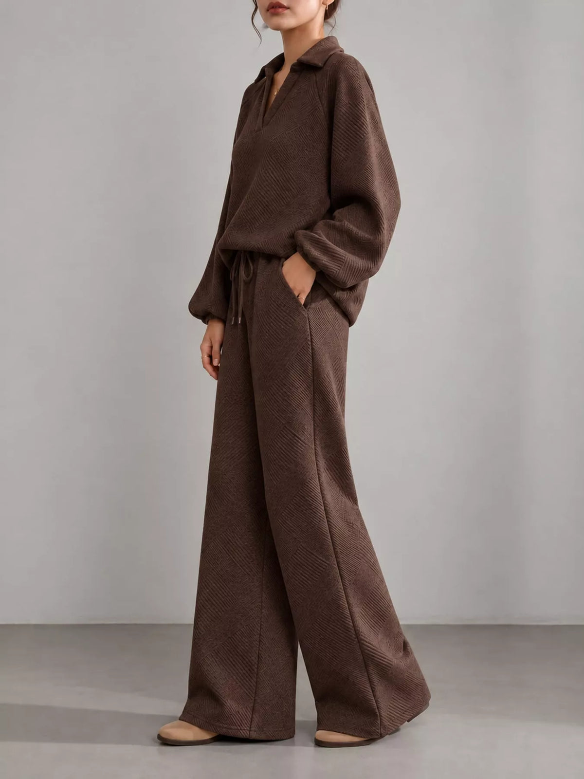 Brown textured polo collar top and wide-leg pants set — side view