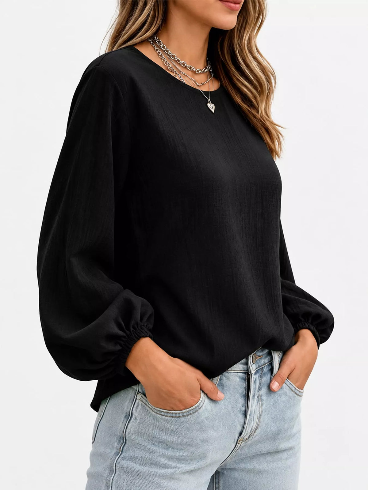 Elastic-cuff blouse, black side