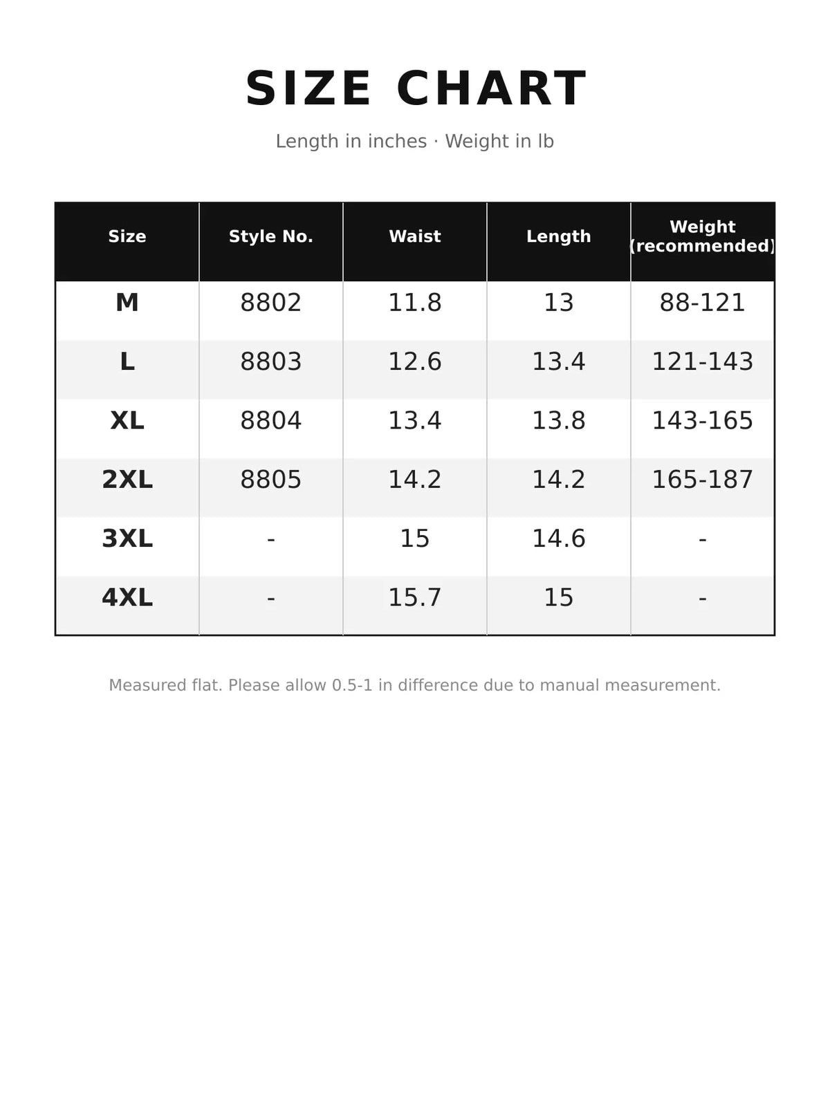 Size chart for lace-trim underpants