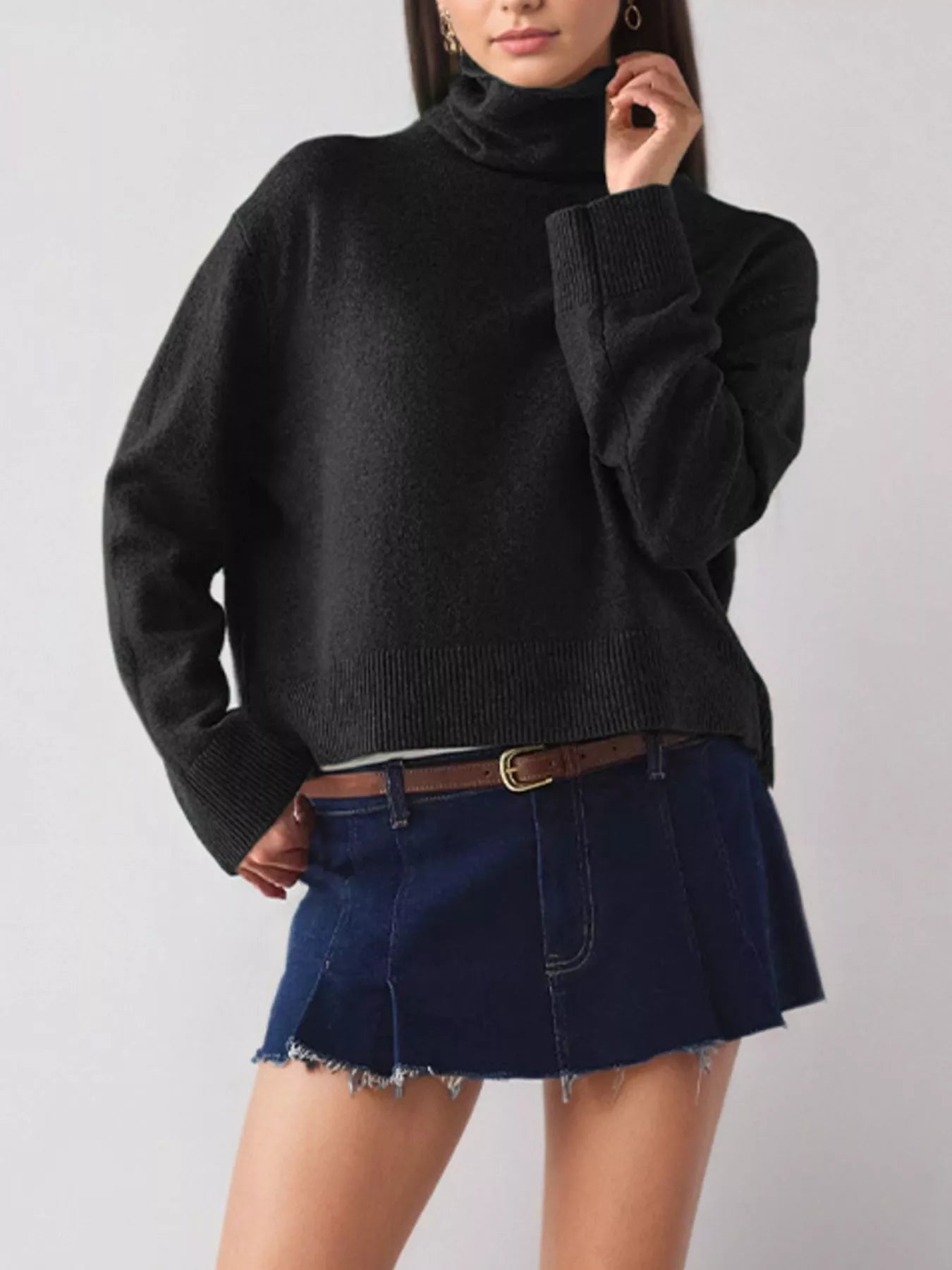 Trendsi Turtleneck Dropped Shoulder Sweater -