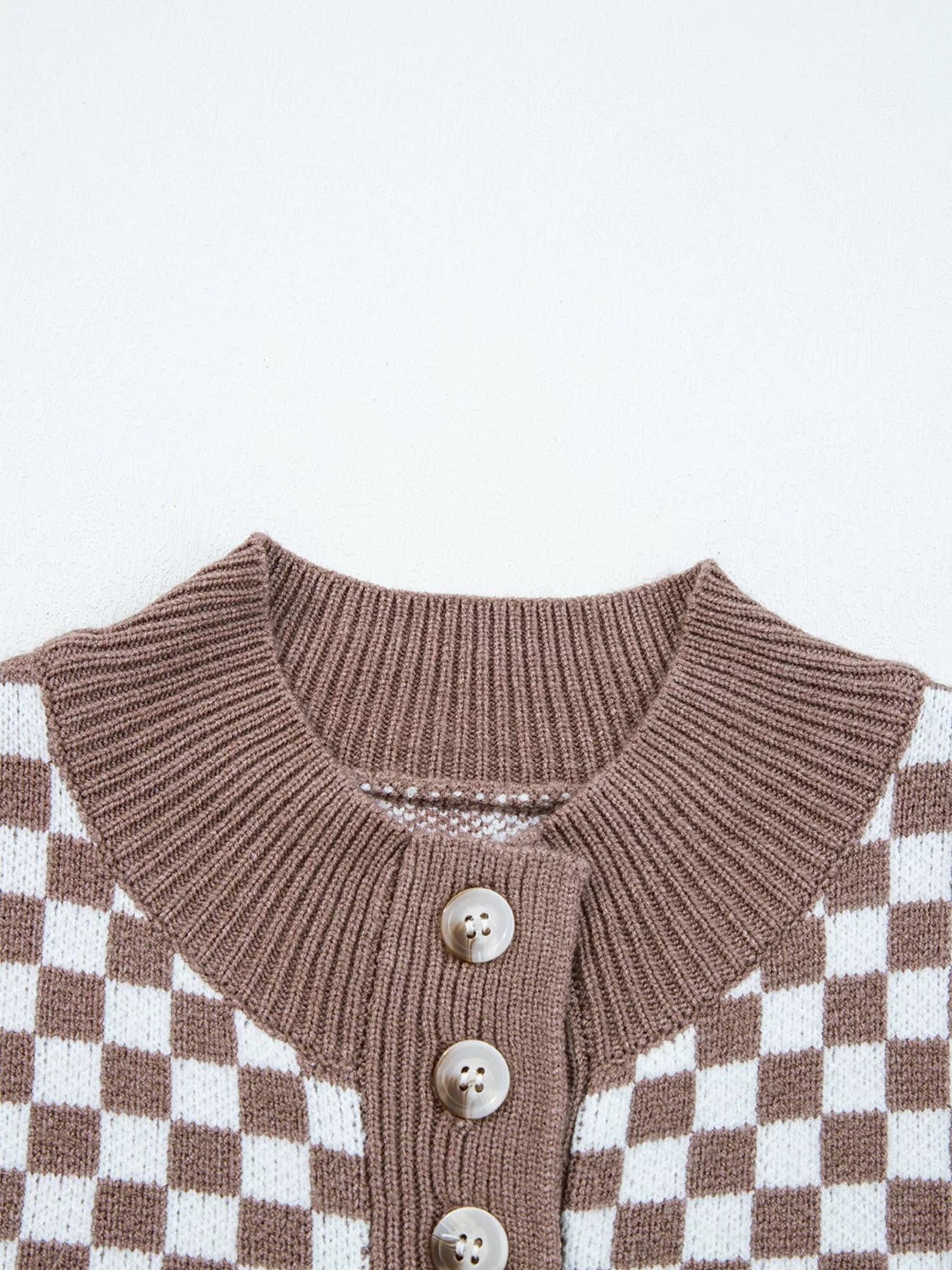 Trendsi Half Button Ribbed Trim Checkerboard Knit Sweater -