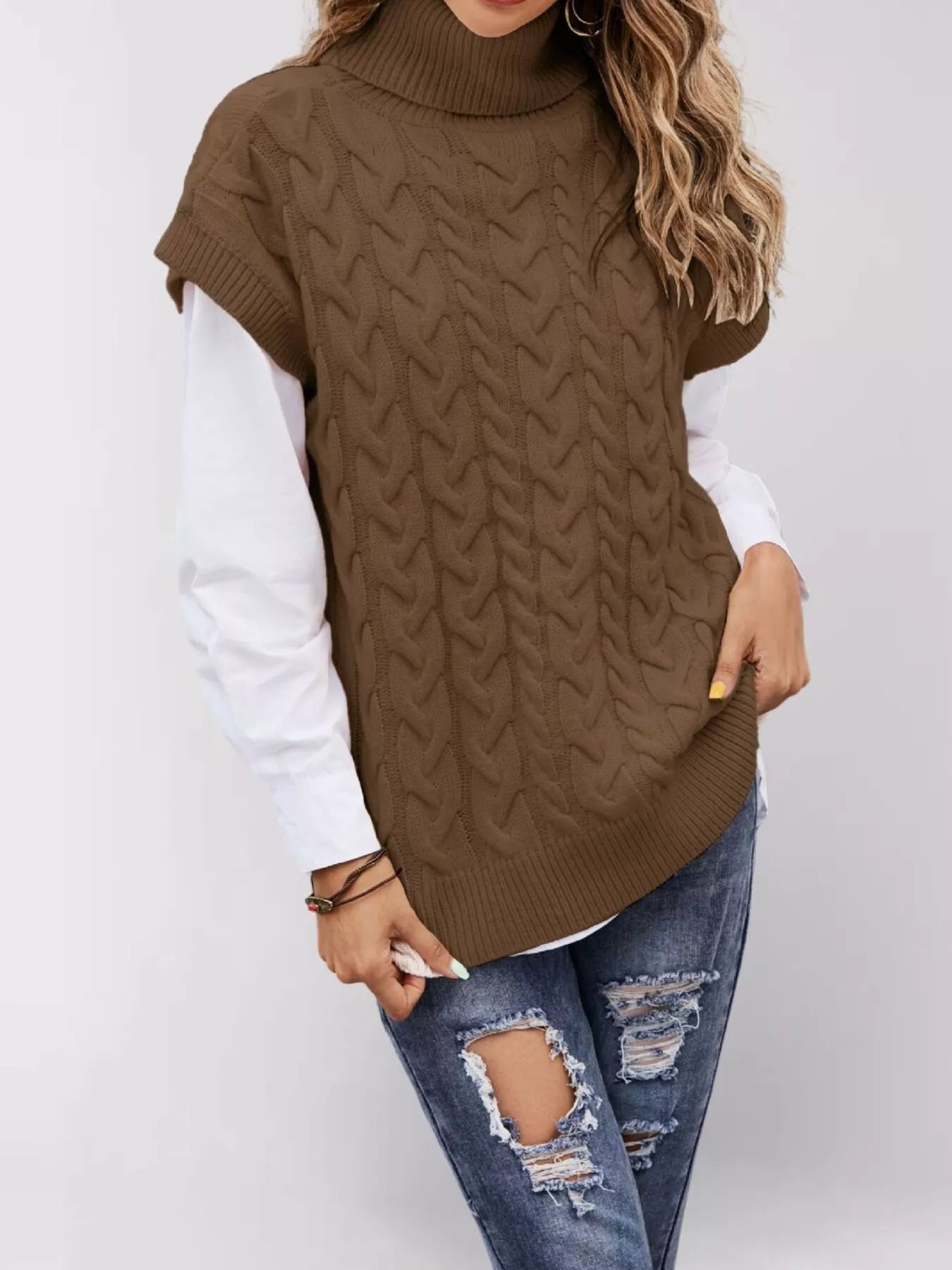Trendsi Chunky Knit Turtleneck Cap Sleeve Sweater -