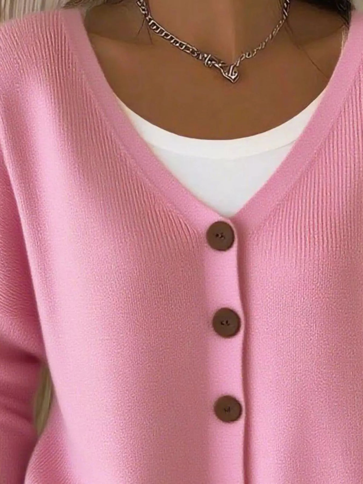Women's V-Neck Button-Down Knit Cardigan in pink — front view