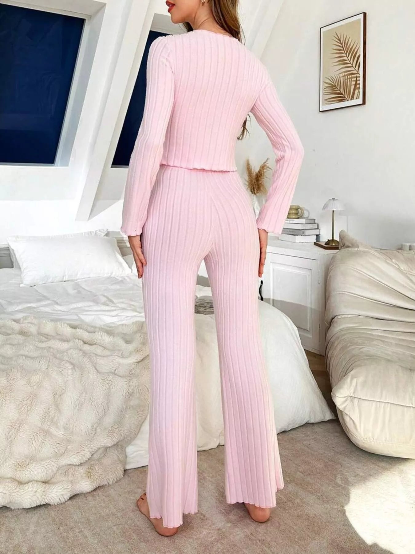 Trendsi Bow Detail Ribbed Knit Top and Pants Lounge Set -