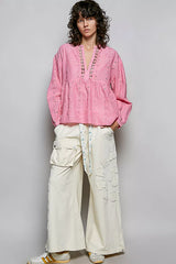 Trendsi POL Eyelet Lace Split Neck Gathered Empire Waist Cotton Blouse - Shirts