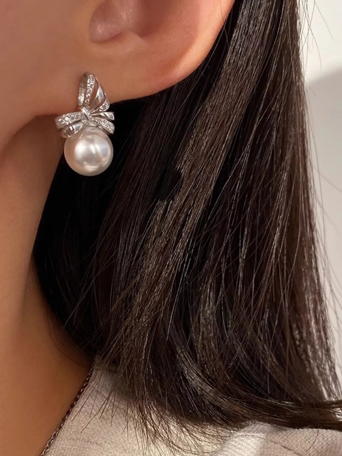 Trendsi Pearl Bowknot Drop Earrings -