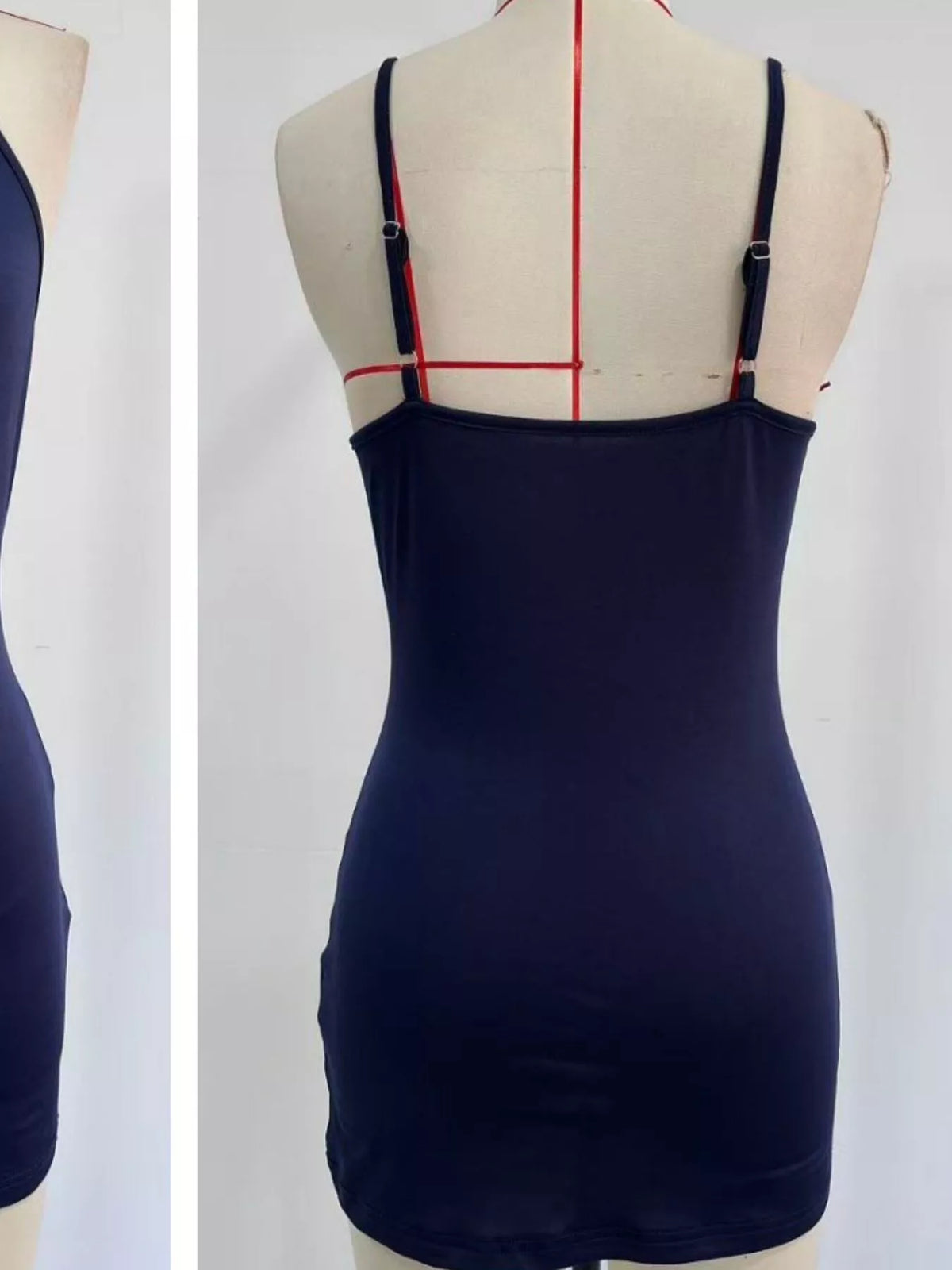Navy ruffled chiffon mini dress, underlayer back view