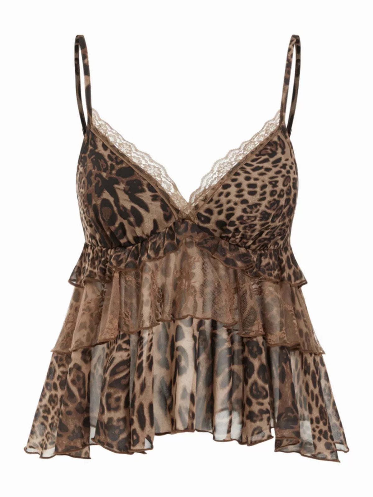 Brown leopard print ruffled lace trim cami