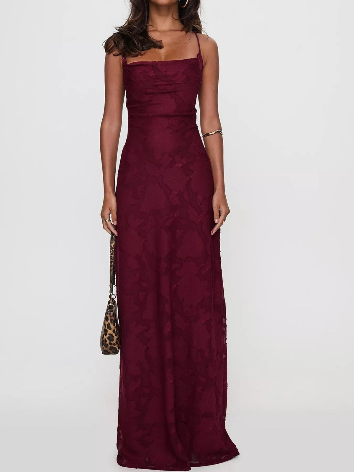 Cowl neck spaghetti-strap maxi dress, front view on model