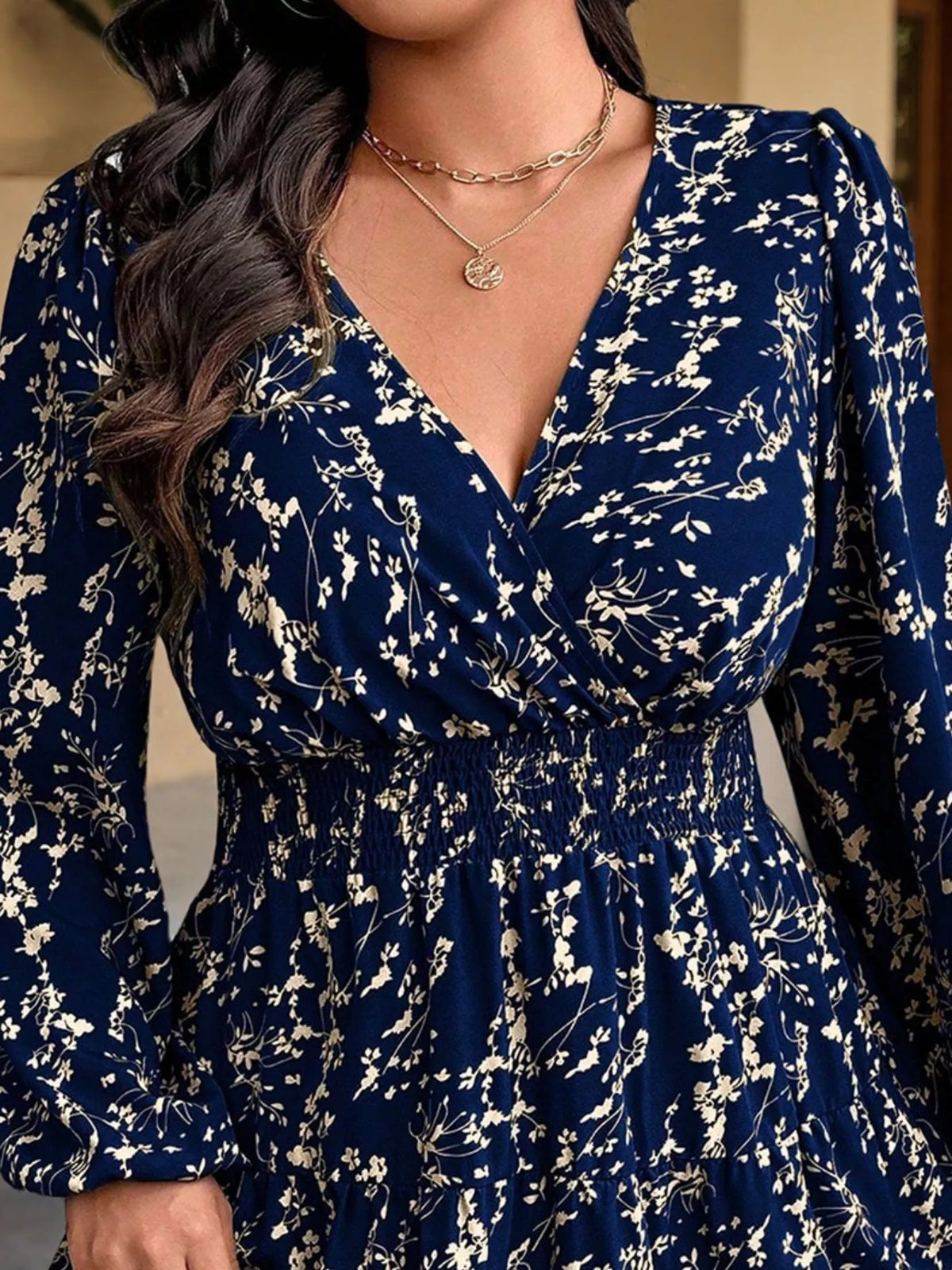 Floral Print Smocked Waist Mini Dress in navy, construction detail