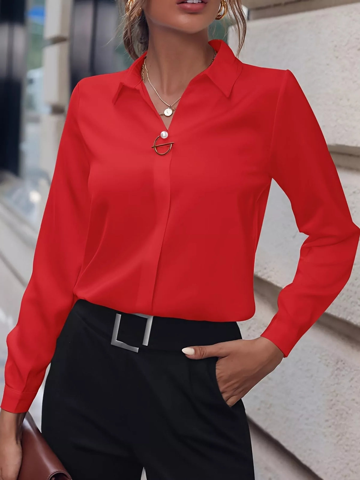 Women's Collared Clasp Detail Long Sleeve Satin Blouse in red — front view