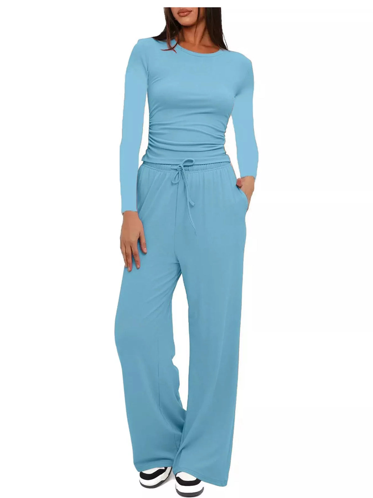 Long Sleeve Ruched Top and Wide-Leg Drawstring Pants Set — front view
