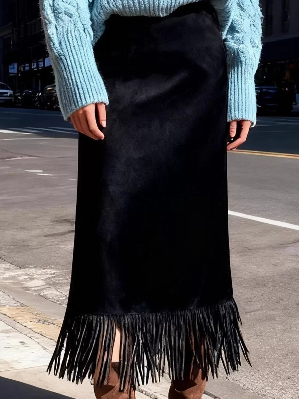 Black fringe midi skirt