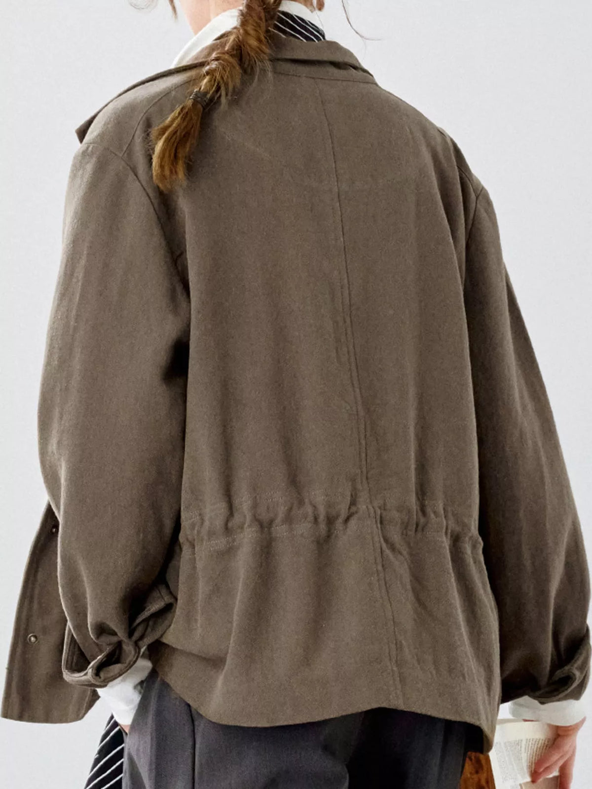 Drawstring utility jacket, brown back drawstring