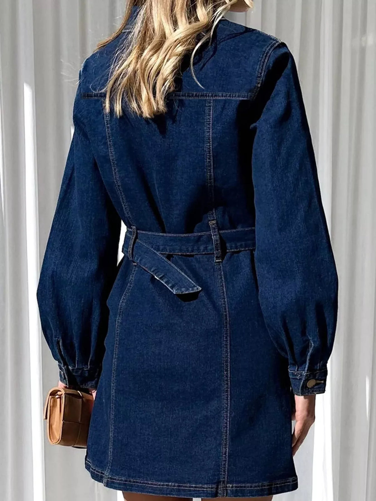 Button-Down Denim Dress with Belted Waist and Long Sleeves, back view