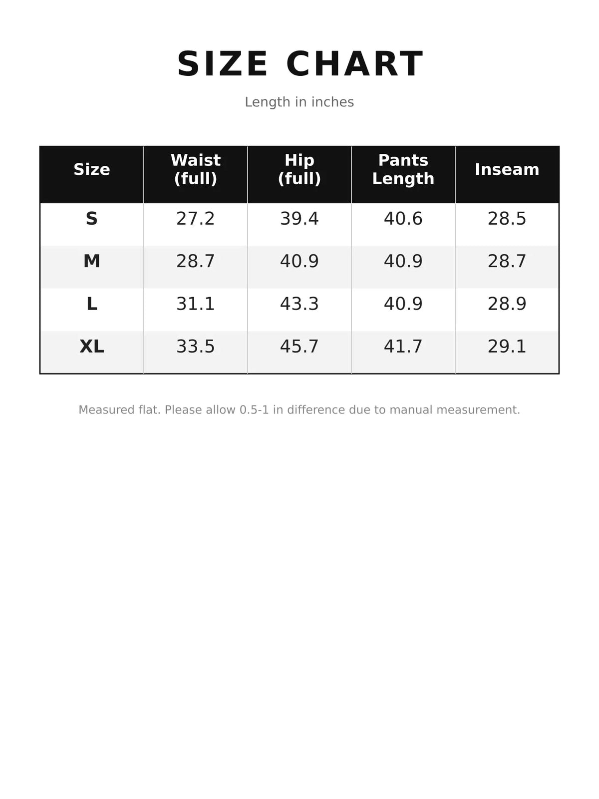 Size chart for women's pleated wide-leg trousers