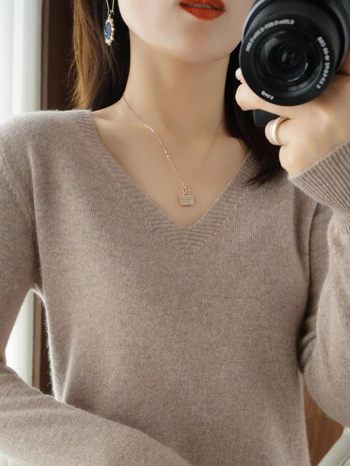 V-Neck Knit Sweater, detail view in taupe