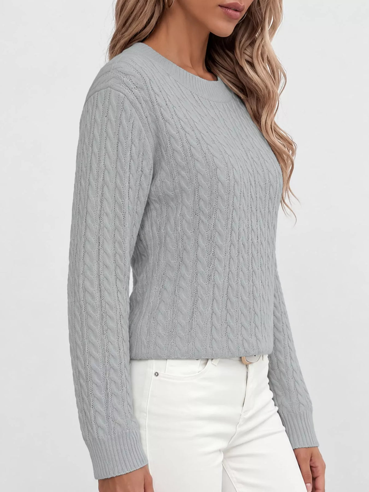 Silver Gray cable knit round neck sweater