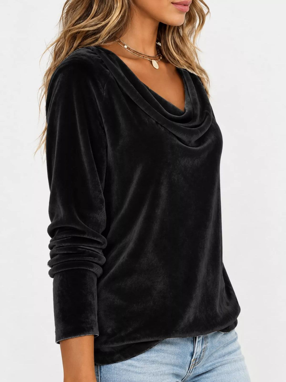 Black velvet cowl neck long sleeve t shirt, side view
