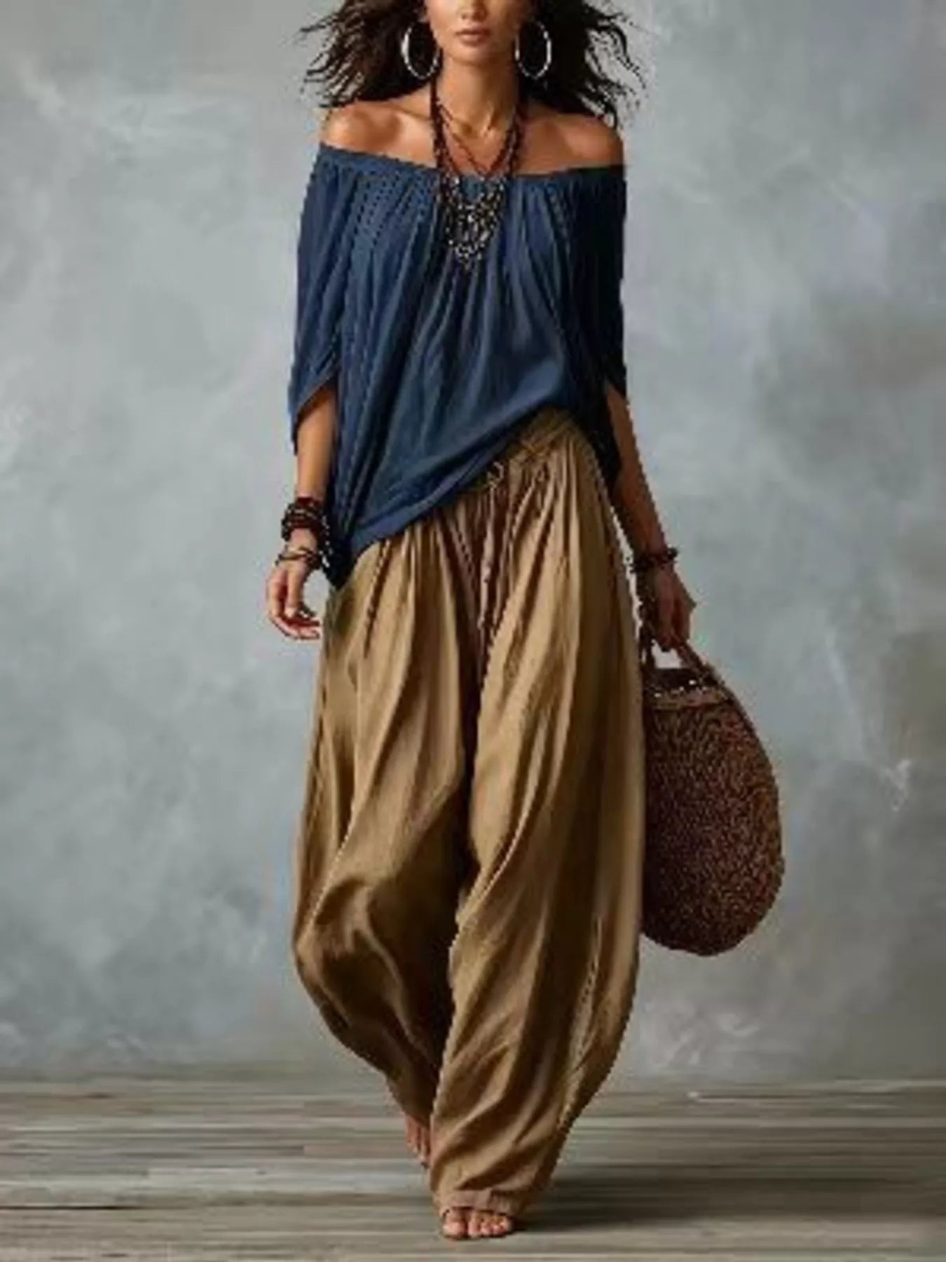 Trendsi Full Size Off-Shoulder Top and Wide-Leg Harem Pants Set Plus Size -