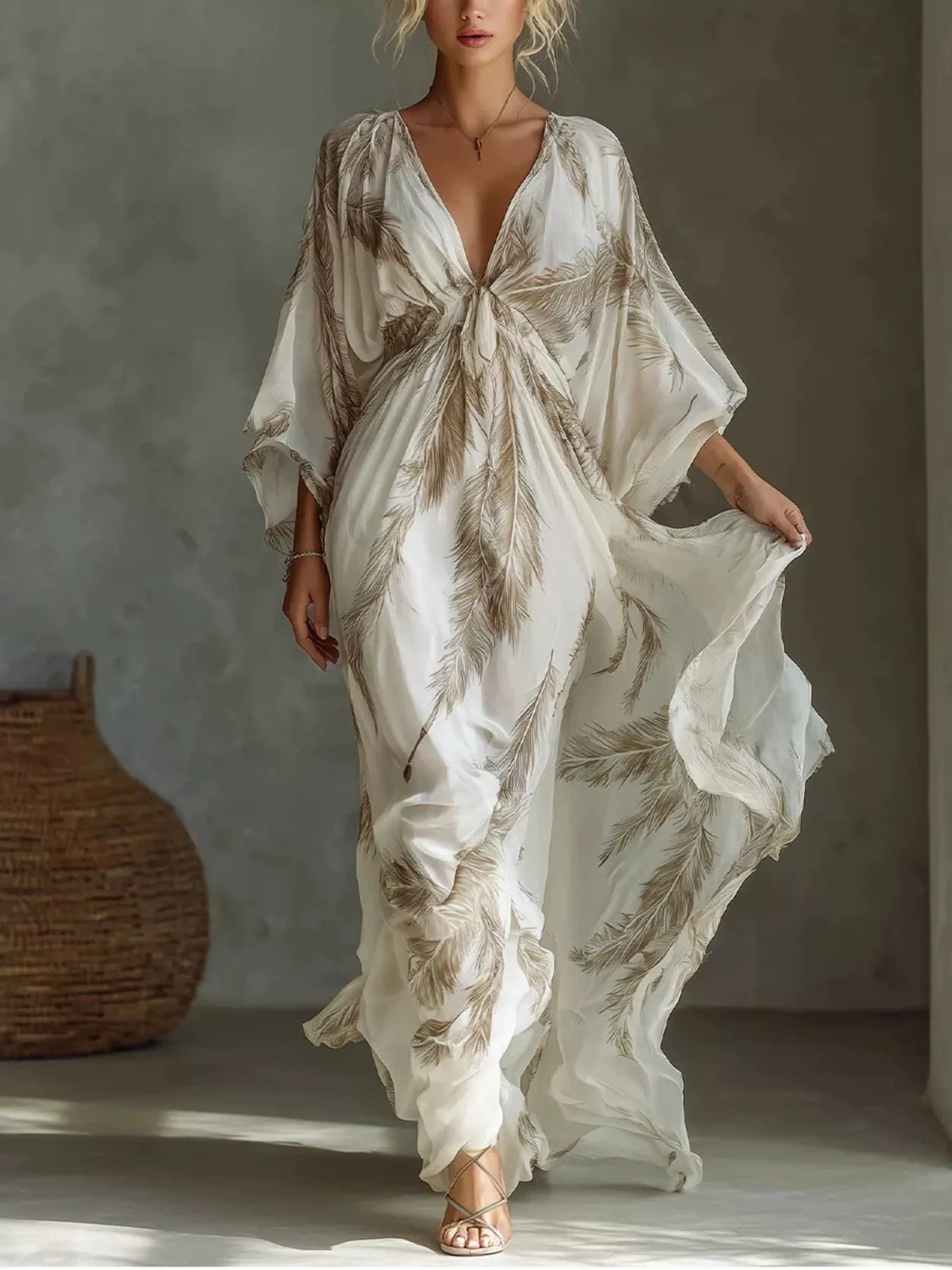 Feather-print V-neck flowy maxi dress