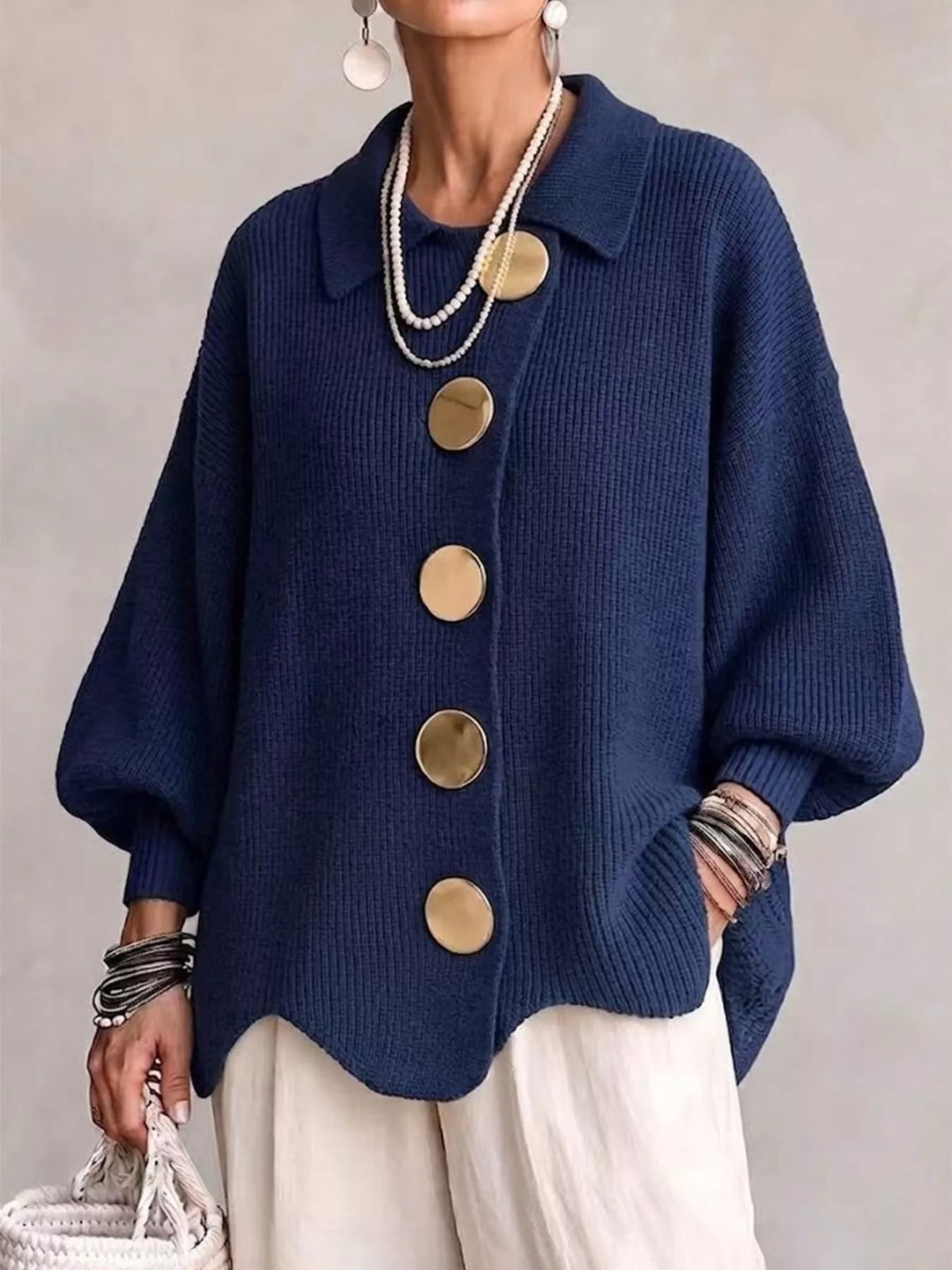 Women's Ribbed Knit Gold Buttons Cardigan in navy — front view