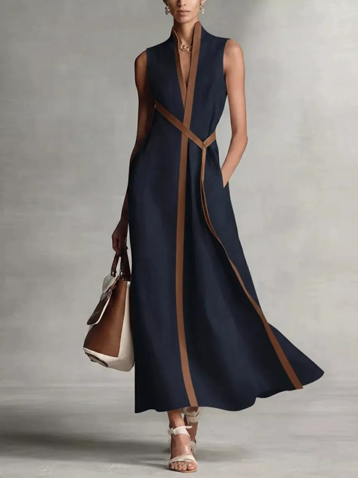Navy sleeveless wrap maxi dress, front view
