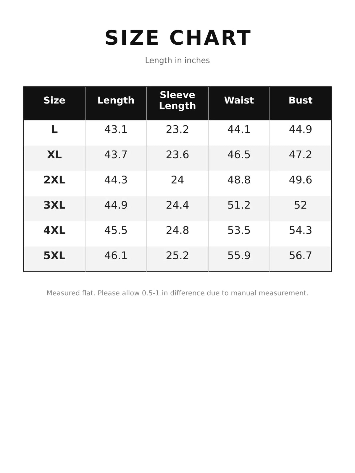 Hooded longline jacket, size chart