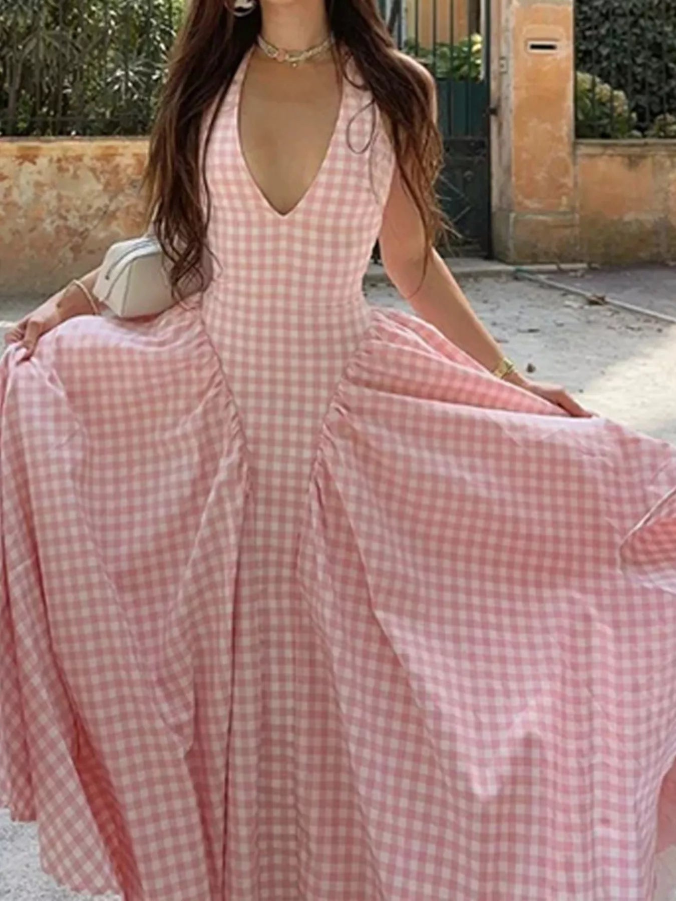 Trendsi Full Size Gingham Halter Neck Maxi Dress Plus Size -